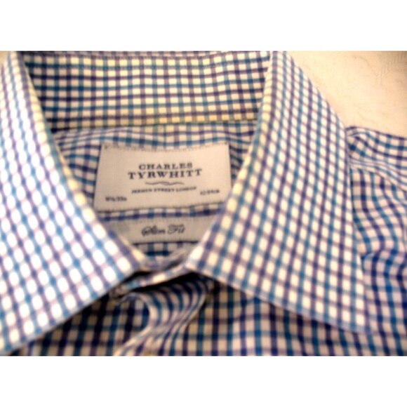 Charles Tyrwhitt Shirt Men large16.5/33 Blue ExtraSlim plaid Long Sleeve Button - Picture 12 of 12